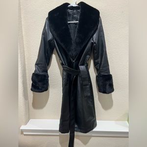 Faux Fur-Trim Leather Coat
